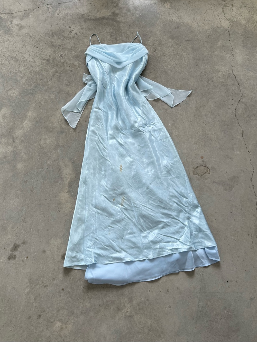 Light Blue Satin Slip Prom Dress with Sheer Draped Overlay